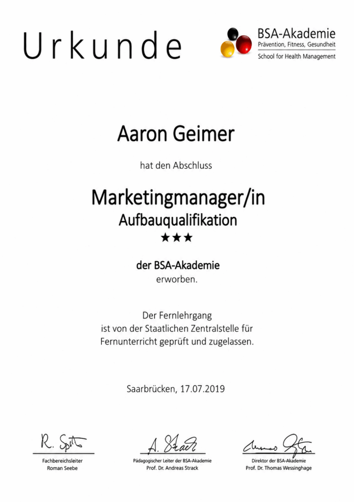 Zertifikat Marketingmanager