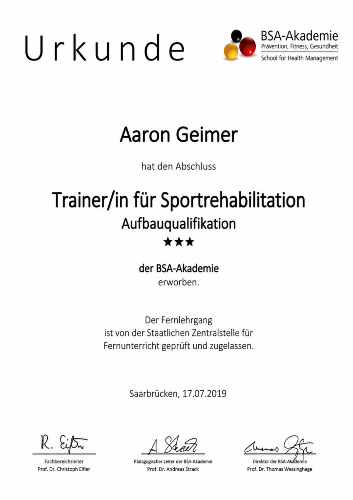 Zertifikat Trainer für Sportrehabilitation