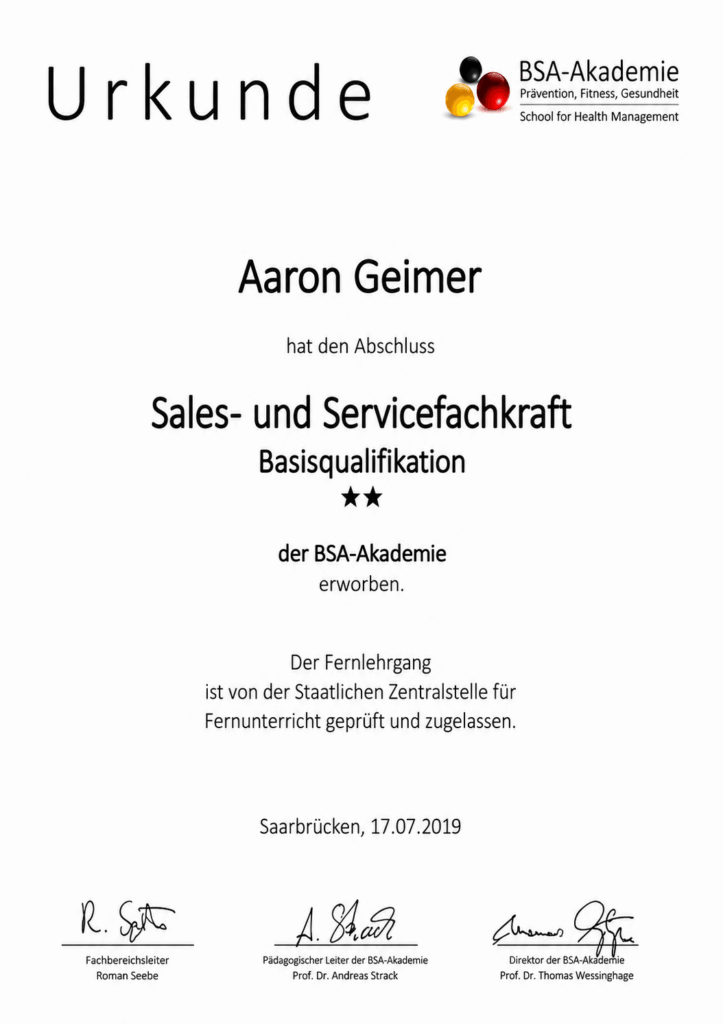 Zertifikat Sales- und Servicefachkraft